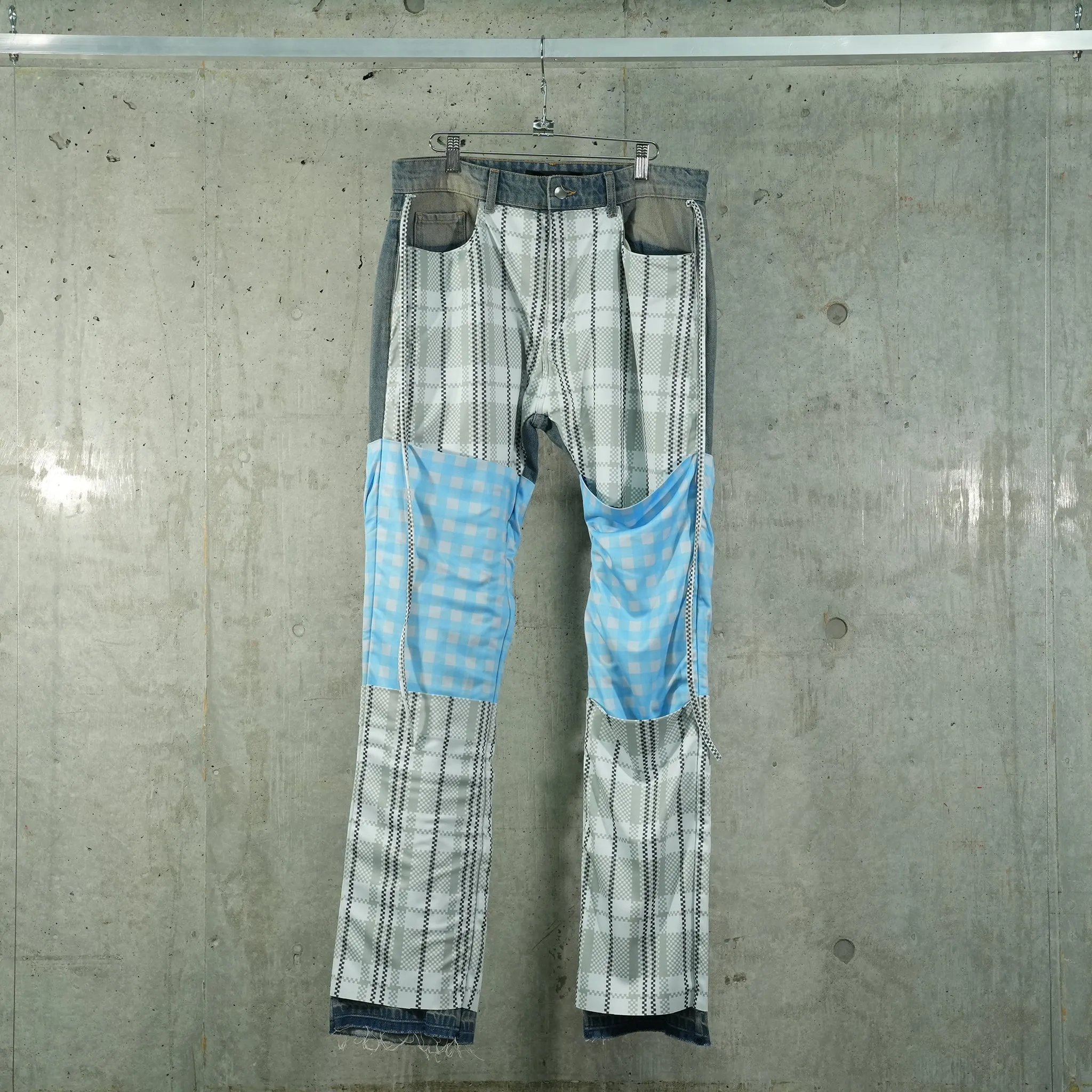 APRON POCKET CHECK DENIM PANTS / BLUE/ALOE/SPUN BLUE