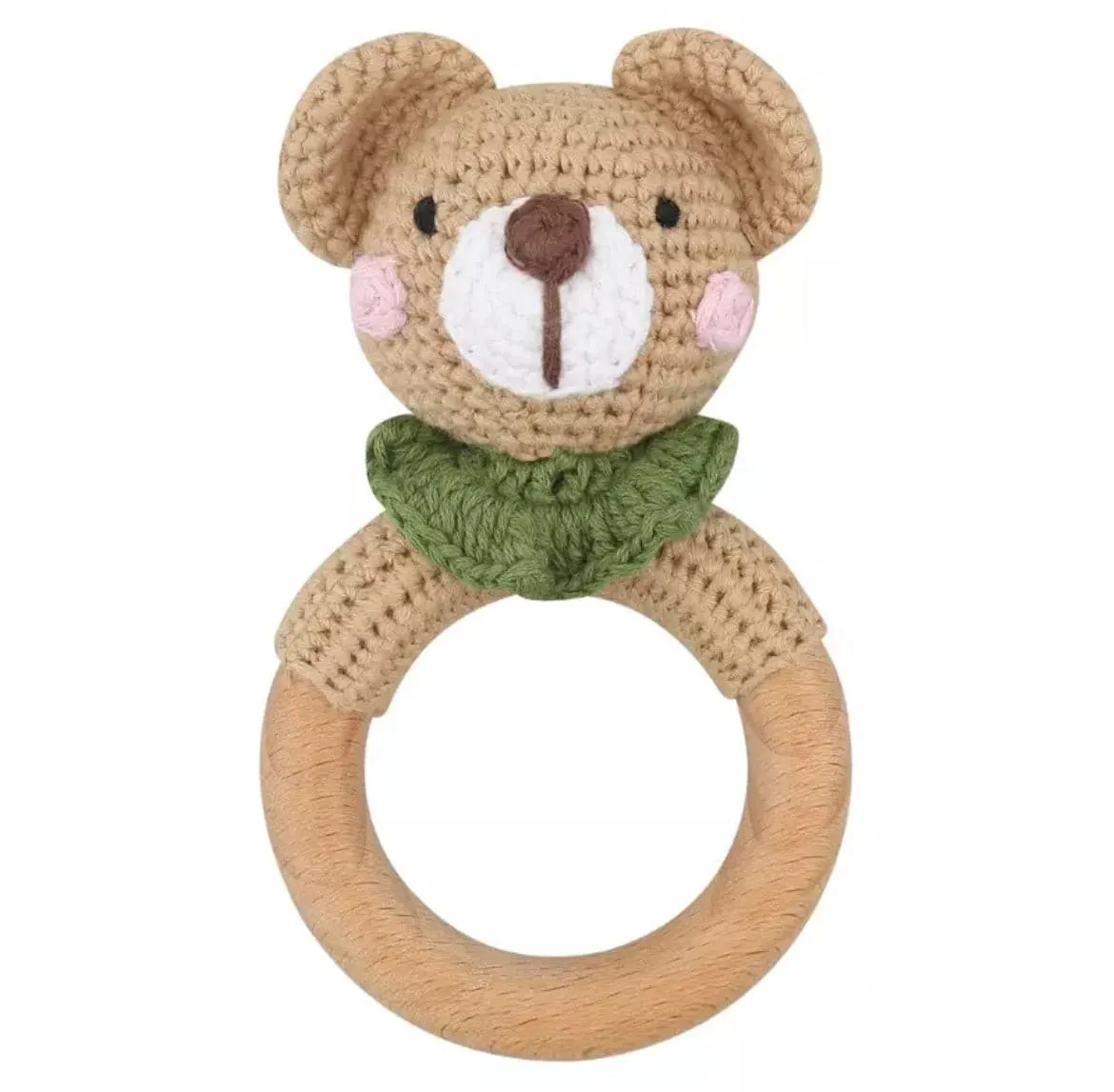 Crochet Baby Rattle Toy, Smooth Beech Wood Teething, Crochet Ring Soother