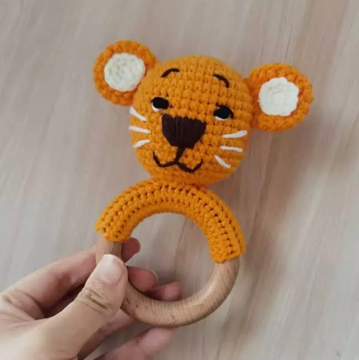Crochet Baby Rattle Toy, Smooth Beech Wood Teething, Crochet Ring Soother
