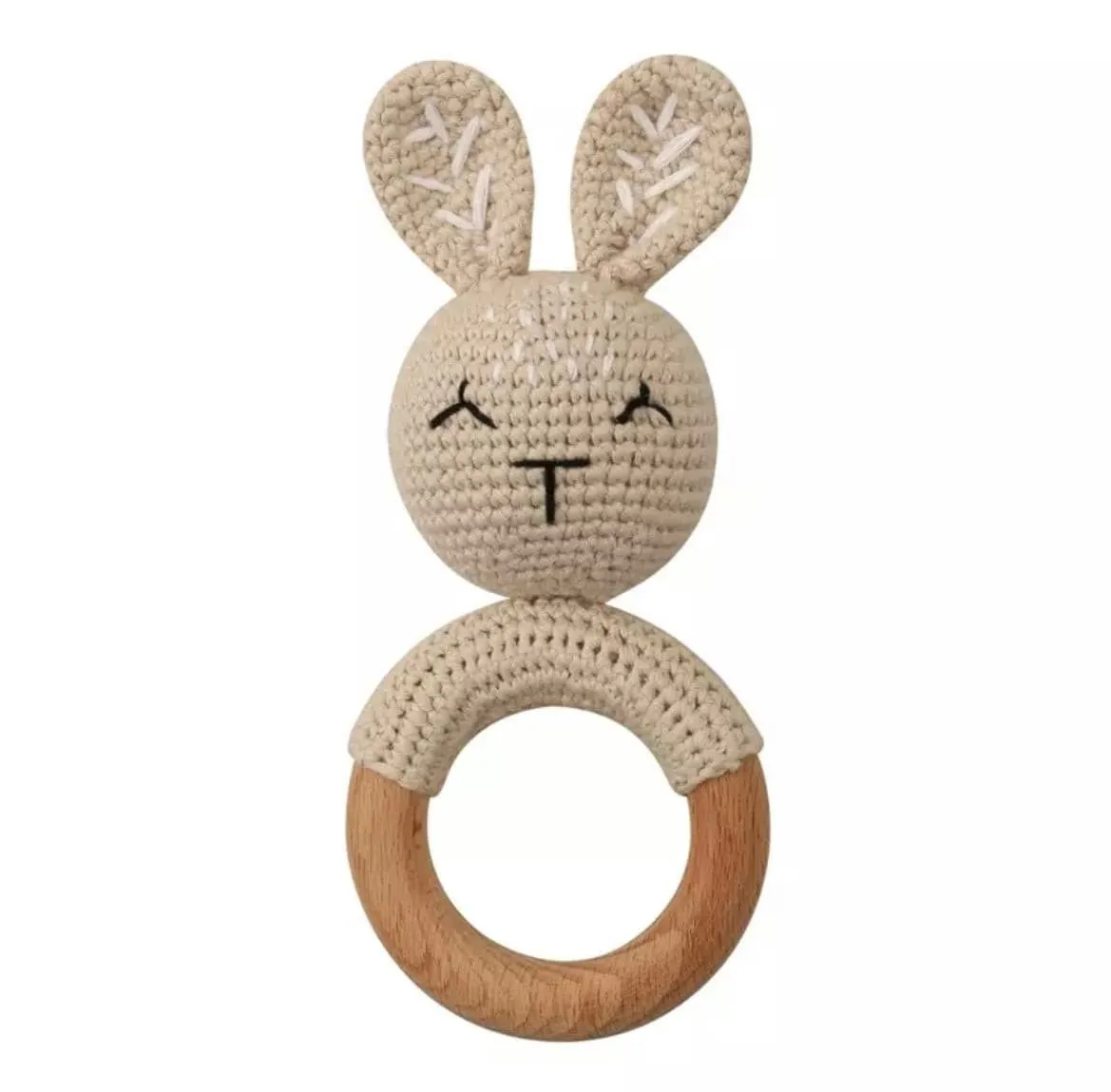 Crochet Baby Rattle Toy, Smooth Beech Wood Teething, Crochet Ring Soother
