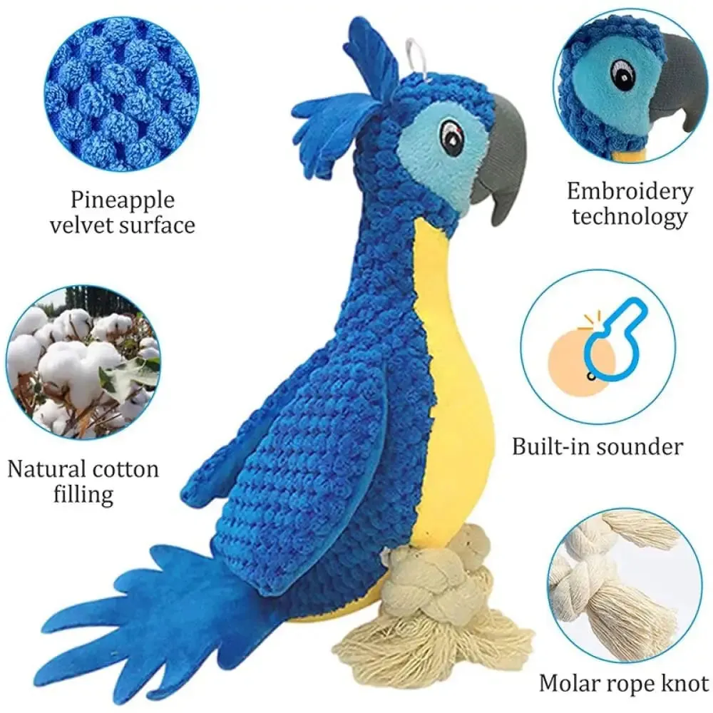 Durable Squeaky Teeth Cleaning Stuffed Embroidery Parrot Dog Toy